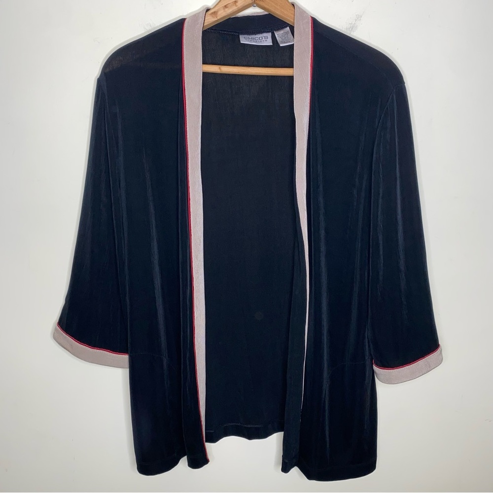 Chico’s Travelers 2 Black Stretchy Shrug Cardigan with Red Piping and Tan Trim